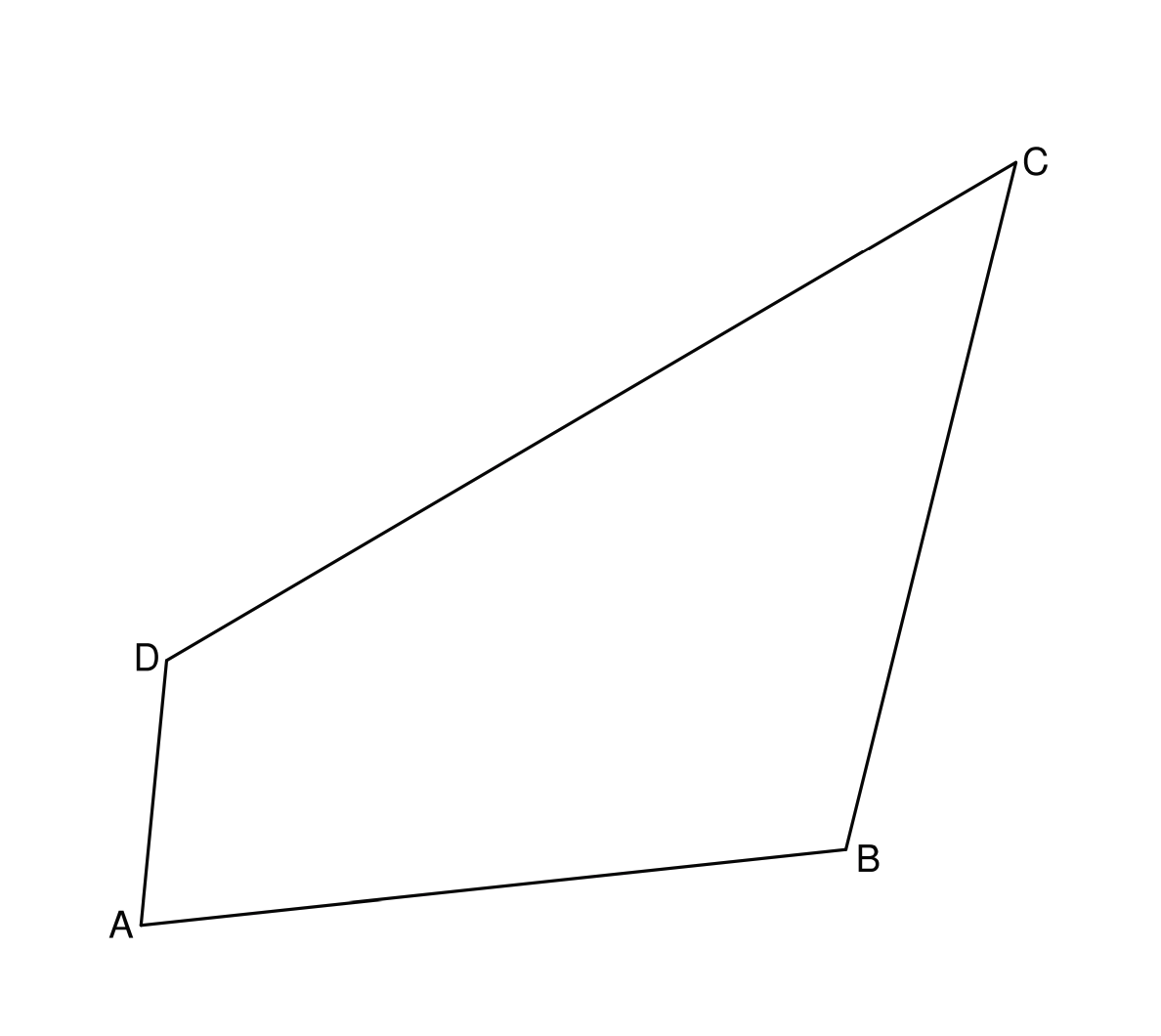 Gezeichnetes unregelmäßiges Viereck mit beschrifteten Eckpunkten A, B, C und D